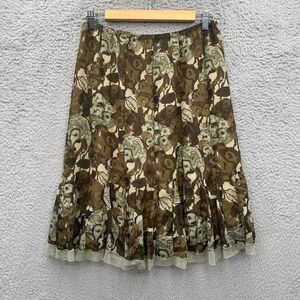 Y2K Floral‎ Camo Print Midi Skirt Mesh Trim Brown Beige S Fairy Grunge boho